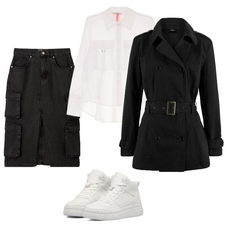 Outfit donna - Total look #1725799. Stile Urban per Tutti i giorni. Abbinamento con trench, gonne longuette, camicie, sneakers alte.