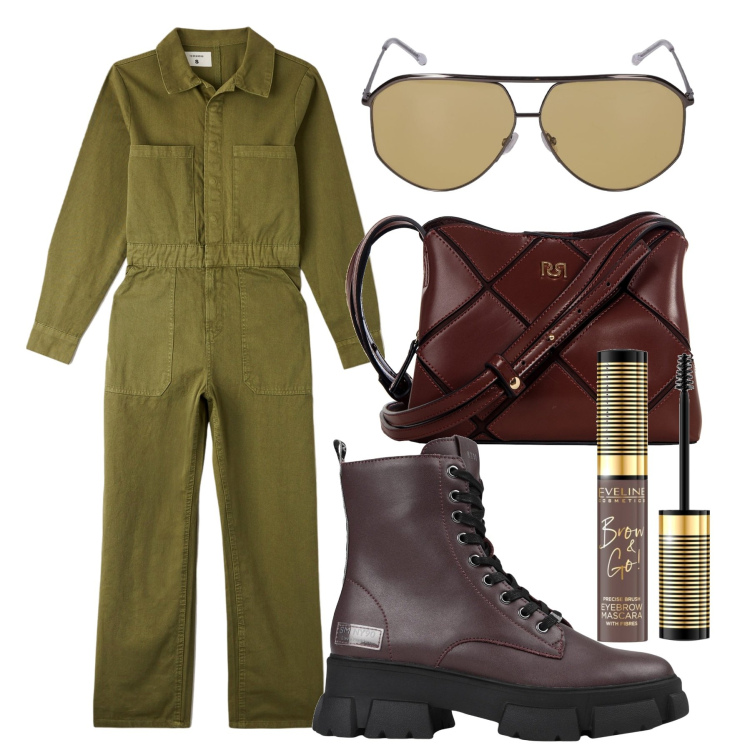 Outfit donna - La tuta da lavoro. Stile Military per Tutti i giorni. Abbinamento con stivaletti, mascara, tute, borse a spalla, occhiali da sole.