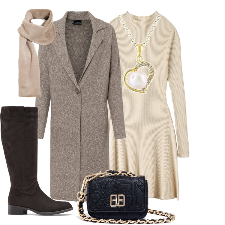 Outfit donna - Autumn vibes. Stile Casual chic per Tutti i giorni. Abbinamento con cappotti, stivali, vestiti midi/longuette, marsupi, foulard, ciondoli.
