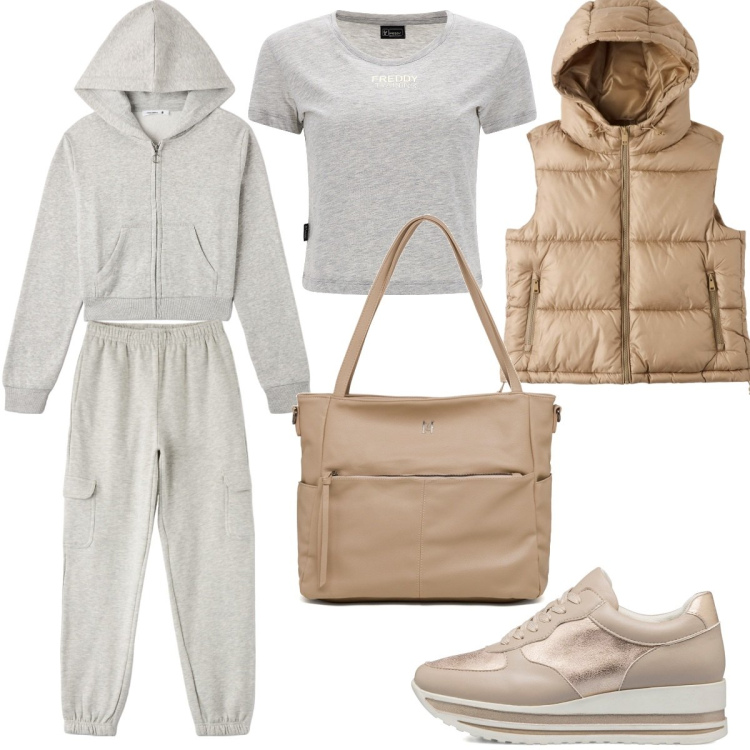 Outfit donna - Mattinata sportiva. Stile Sporty chic per Sport. Abbinamento con pantaloni, piumini, felpe con cappuccio, t-shirt, sneakers, borse a tracolla.