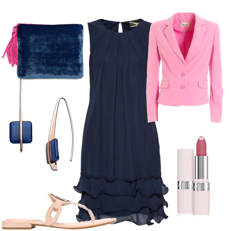 Outfit donna - Battesimo per Eva. Stile Chic per Cerimonia. Abbinamento con vestiti, infradito, rossetti, blazer, orecchini, pochette.