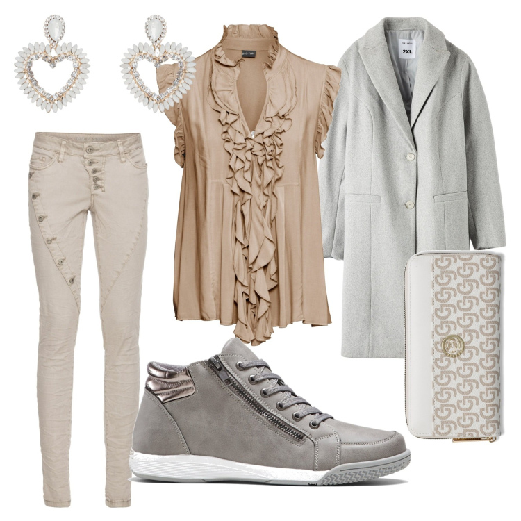 Outfit donna - Pomeriggi con le amiche. Stile Sporty chic per Tutti i giorni. Abbinamento con sneakers alte, pantaloni, maglieria, cappotti, orecchini, portafogli.