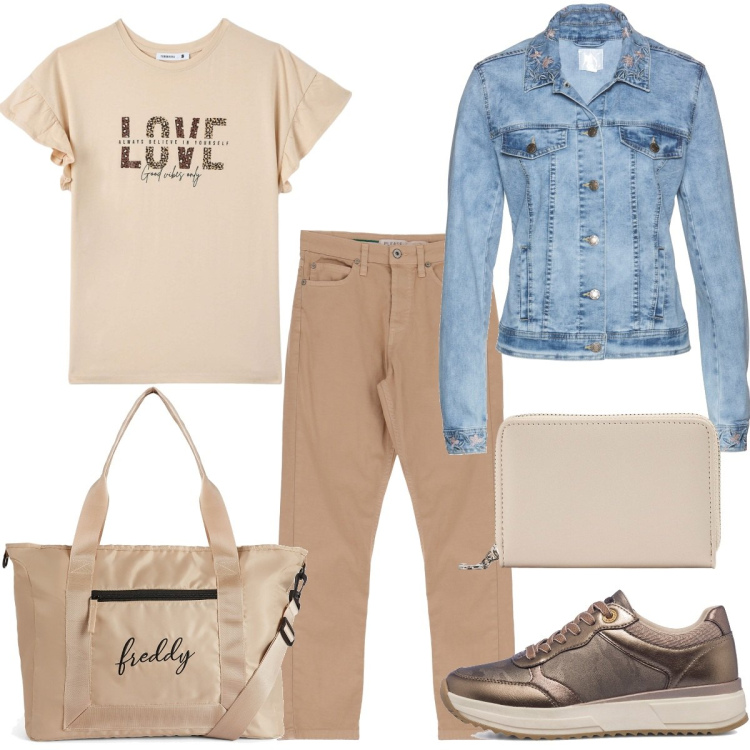 Outfit donna - Casual ogni giorno. Stile Casual per Tutti i giorni. Abbinamento con giacche, t-shirt, portafogli, pantaloni skinny, borse tote, sneakers.