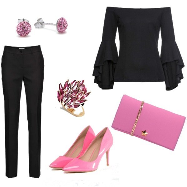 Outfit donna - Appuntamento di San Valentino. Stile Chic per Serata fuori. Abbinamento con pantaloni, top nero, borsa a mano mini con zip tinta unita, décolleté effetto vernice con tacco alto, anello in denim oro, orecchini in sterling 925 argento.