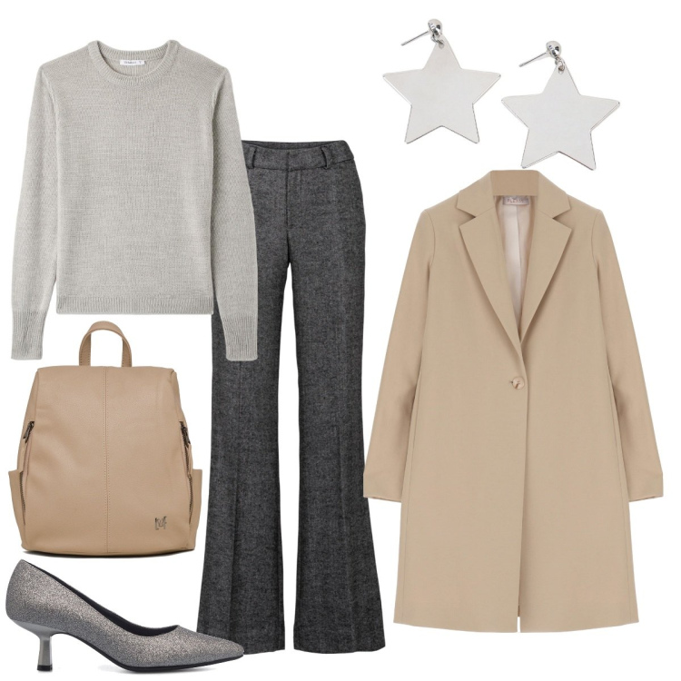Outfit donna - Abbinamento perfetto. Stile Casual chic per Tutti i giorni. Abbinamento con pantaloni a palazzo, maglieria, cappotti, orecchini, décolleté, zaini.