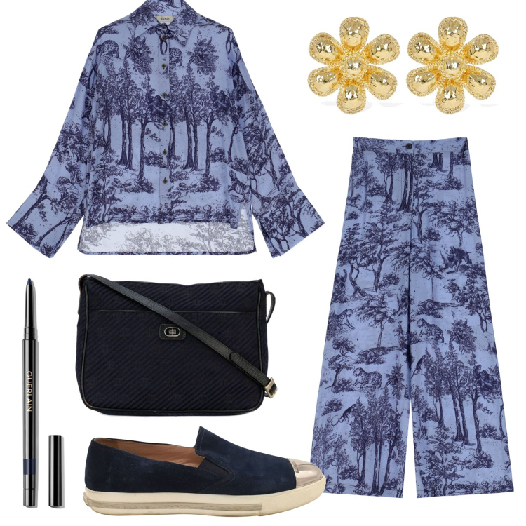 Outfit donna - Fantasia botanica. Stile Etnico per Tutti i giorni. Abbinamento con borse a tracolla, sneakers, eyeliner, pantaloni a palazzo, camicie, orecchini.