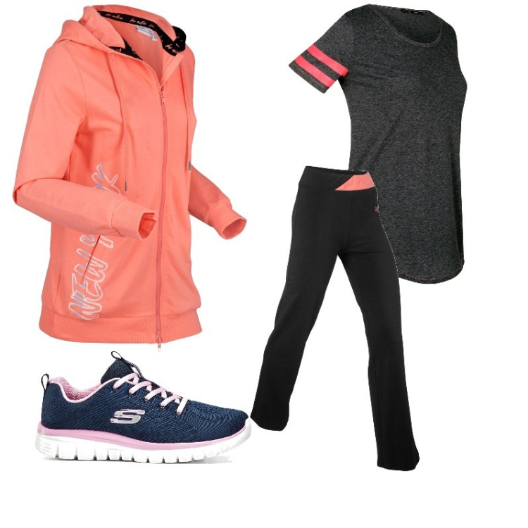 Outfit donna - Una camminata in compagnia. Stile Sporty chic per Sport. Abbinamento con pantaloni sportivi, t-shirt sportive, felpe con cappuccio, sneakers.