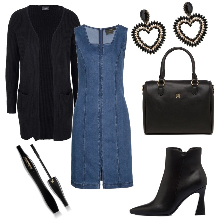 Outfit donna - L\'abito di jeans. Stile Basic per Ufficio. Abbinamento con vestiti, cardigans, mascara, borse a mano, stivaletti, orecchini.
