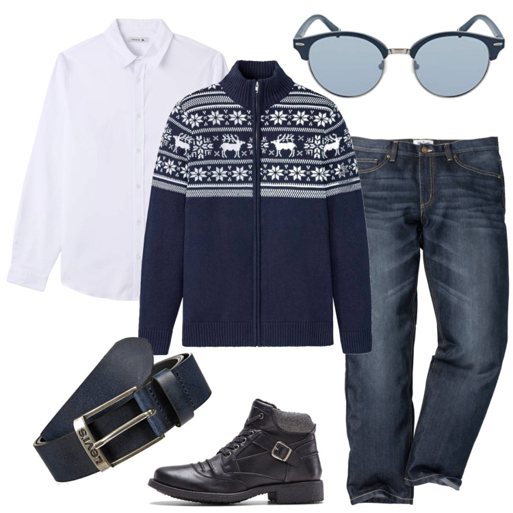 Outfit uomo - Occhiali da sole per la montagna. Stile Casual per Tutti i giorni. Abbinamento con jeans dritti, cardigans, stivali e stivaletti, camicie, cinture, occhiali da sole.