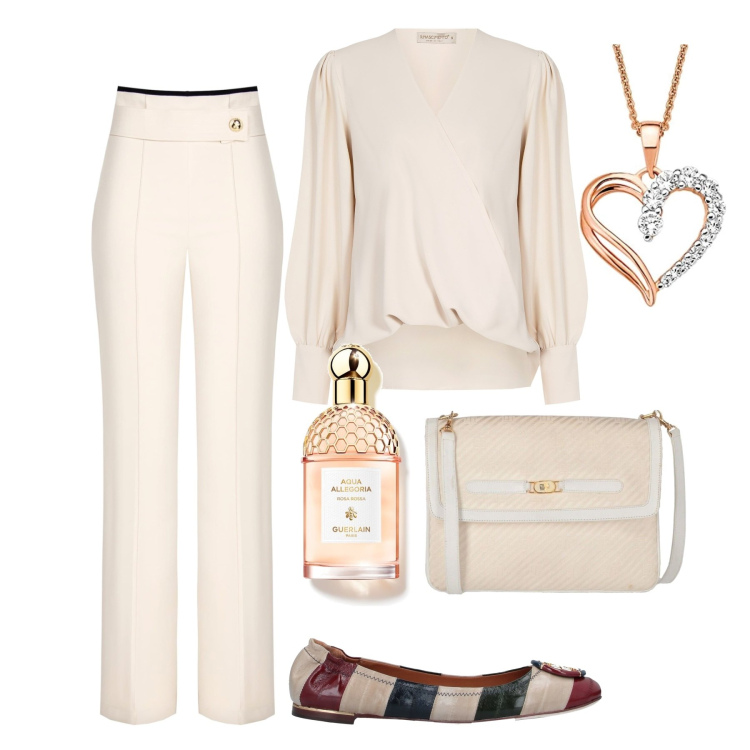 Outfit donna - Battesimo Eva. Stile Chic per Cerimonia. Abbinamento con ballerine, borse a tracolla, pantaloni a palazzo, bluse, profumi, ciondoli.