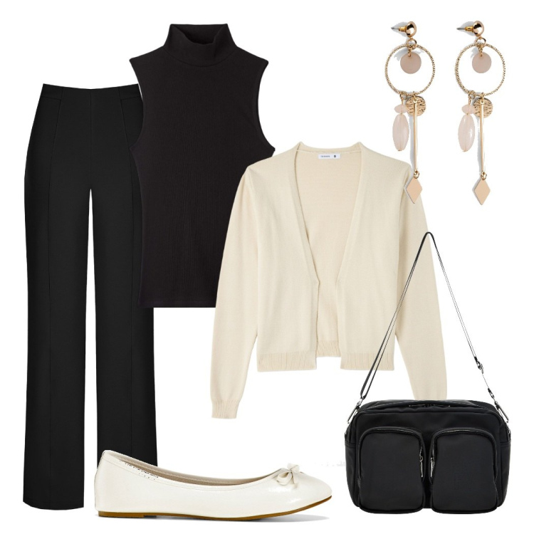 Outfit donna - Semplice. Stile Minimal per Ufficio. Abbinamento con ballerine, orecchini, cardigans, canottiere, pantaloni capri, borse a tracolla.