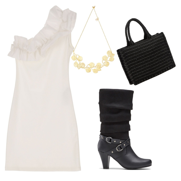 Outfit donna - Minimal. Stile Minimal per Serata fuori. Abbinamento con stivali, shopping bag, vestiti corti, collane.