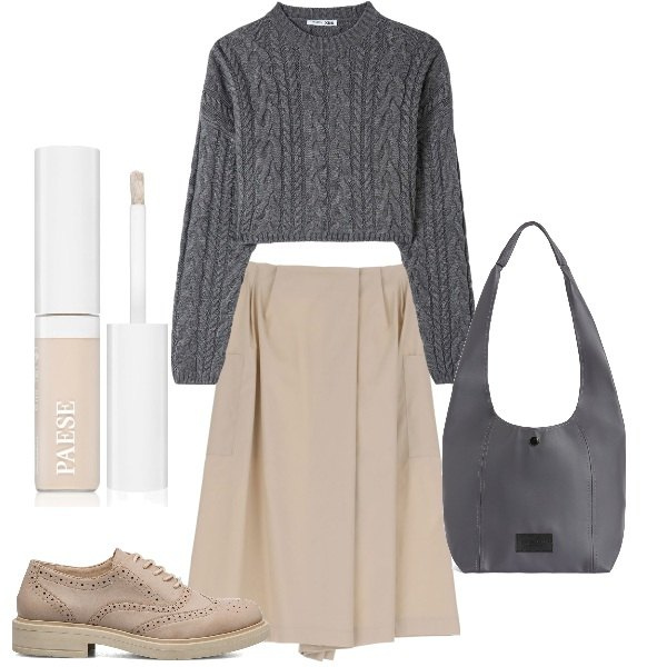 Outfit donna - Grigio e beige bon ton. Stile Bon Ton per Tutti i giorni. Abbinamento con correttori, maglieria, gonne longuette, borse a spalla, scarpe stringate.