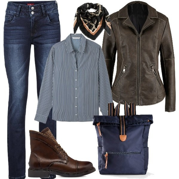 Outfit donna - Il denim che sta bene con tutto. Stile Casual per Tutti i giorni. Abbinamento con zaini, jeans, blazer, foulard, camicie, stivaletti.