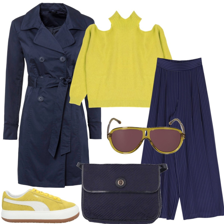 Outfit donna - Tempo libero. Stile Casual per Tutti i giorni. Abbinamento con trench, sneakers, borse a spalla, pantaloni a palazzo, maglieria, occhiali da sole.