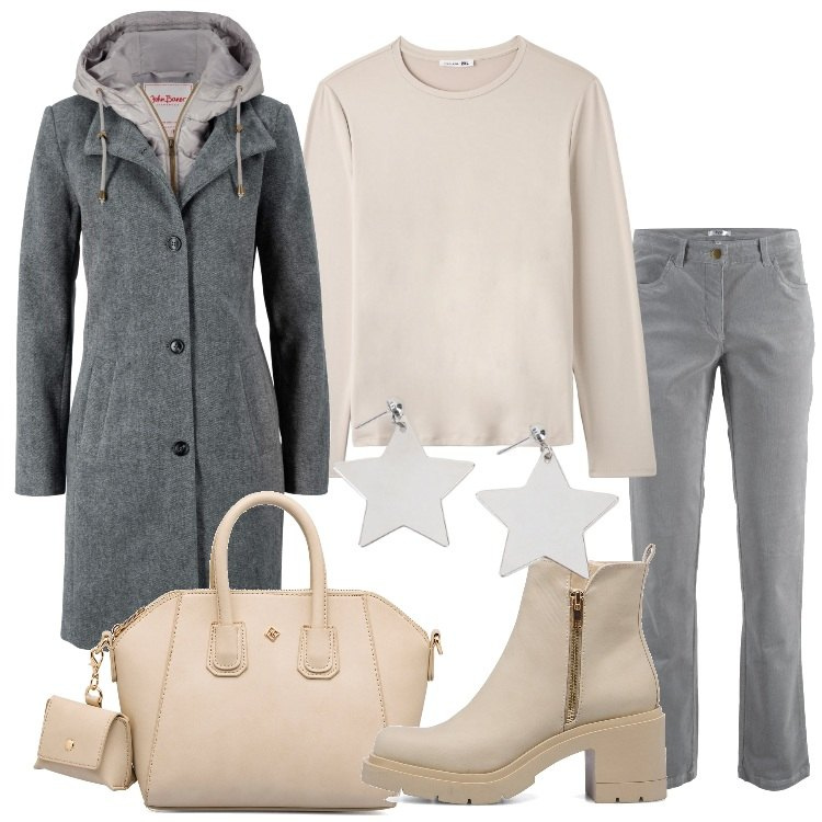 Outfit donna - Beige e grigio, abbinata top!. Stile Basic per Tutti i giorni. Abbinamento con cappotti, pantaloni, t-shirt, orecchini, borse a mano, stivaletti.