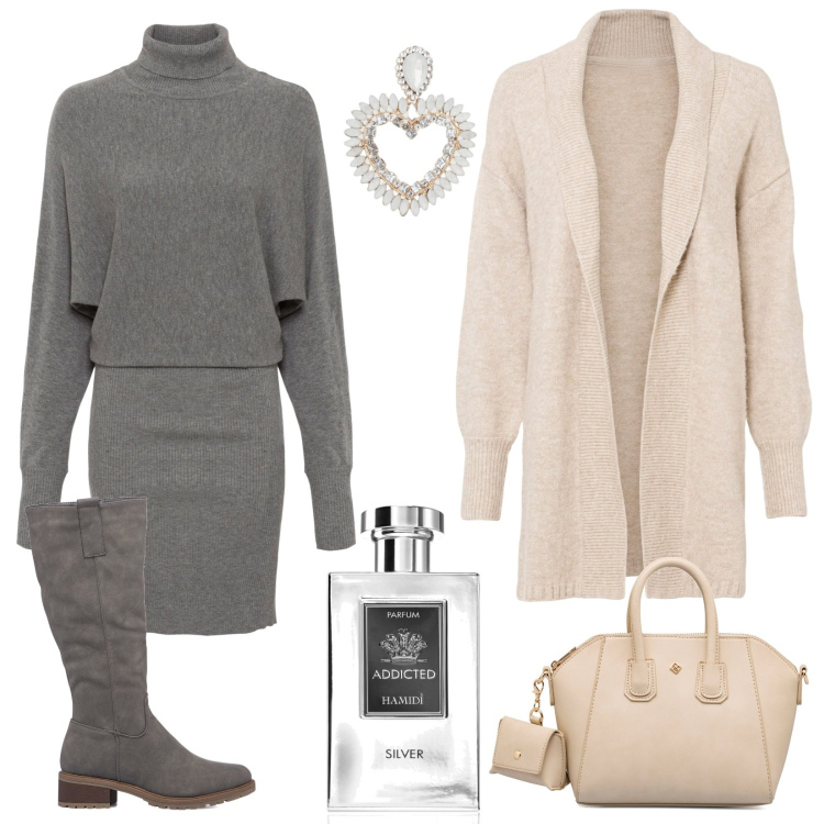 Outfit donna - Beige e grigio per l\'ufficio. Stile Bon Ton per Ufficio. Abbinamento con vestiti, cardigans, profumi, orecchini, stivali sopra il ginocchio, borse a mano.