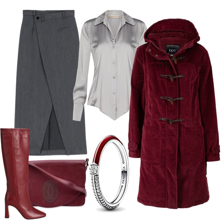 Outfit donna - Grigio e bordeaux. Stile Chic per Serata fuori. Abbinamento con montgomery, borse a spalla, stivali, camicie, gonne lunghe, anelli.