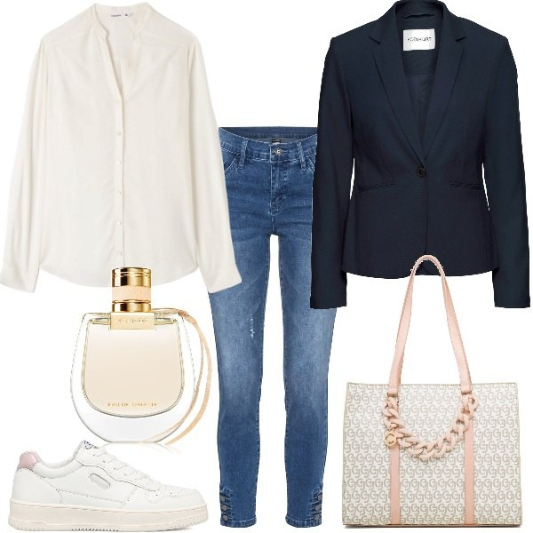 Outfit donna - Denim ogni giorno. Stile Basic per Tutti i giorni. Abbinamento con blazer, jeans skinny, profumi, camicie, sneakers, borse a spalla.