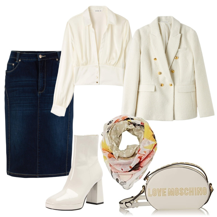 Outfit donna - La gonna di jeans e gli stivaletti. Stile Casual chic per Serata fuori. Abbinamento con gonne, camicie, blazer, stivaletti, sciarpe, borse a spalla.