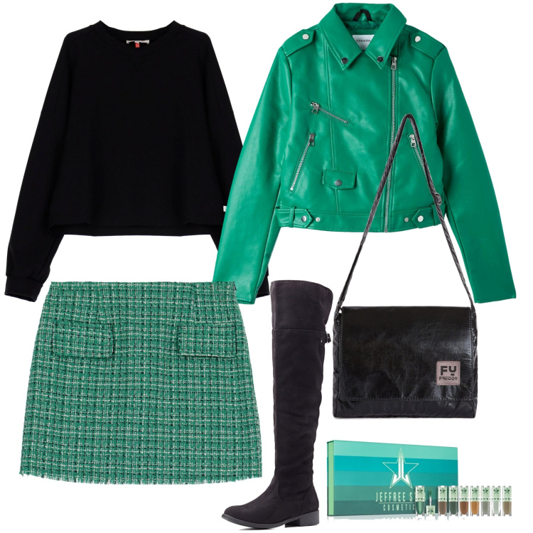 Outfit donna - Minigonna verde. Stile Preppy per Tutti i giorni. Abbinamento con stivali sopra il ginocchio, rossetti, cappotti, minigonne, felpe, borse a tracolla.