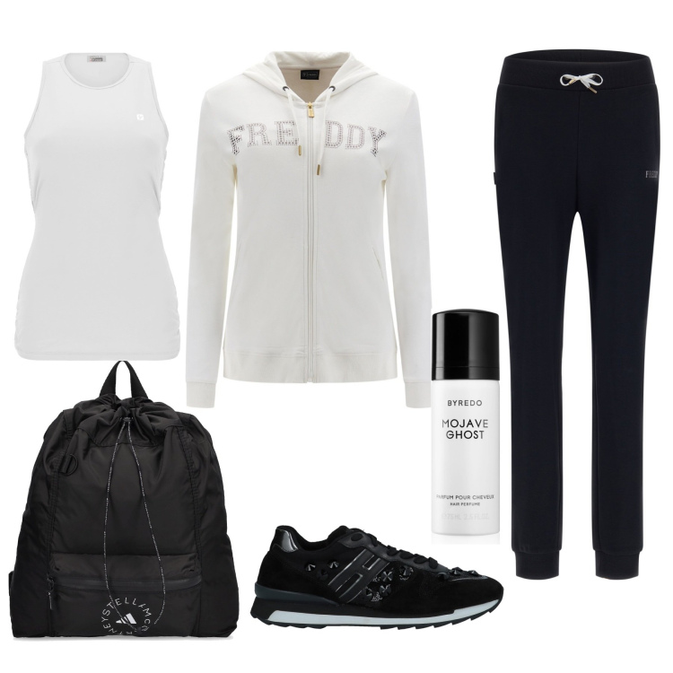 Outfit donna - Una passeggiata al parco. Stile Sporty chic per Sport. Abbinamento con sneakers, profumi, tute, canottiere, zaini.