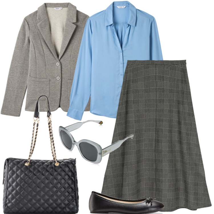 Outfit donna - Ufficio. Stile Preppy per Ufficio. Abbinamento con ballerine, shopping bag, cappotti, camicie, gonne longuette, occhiali da sole.