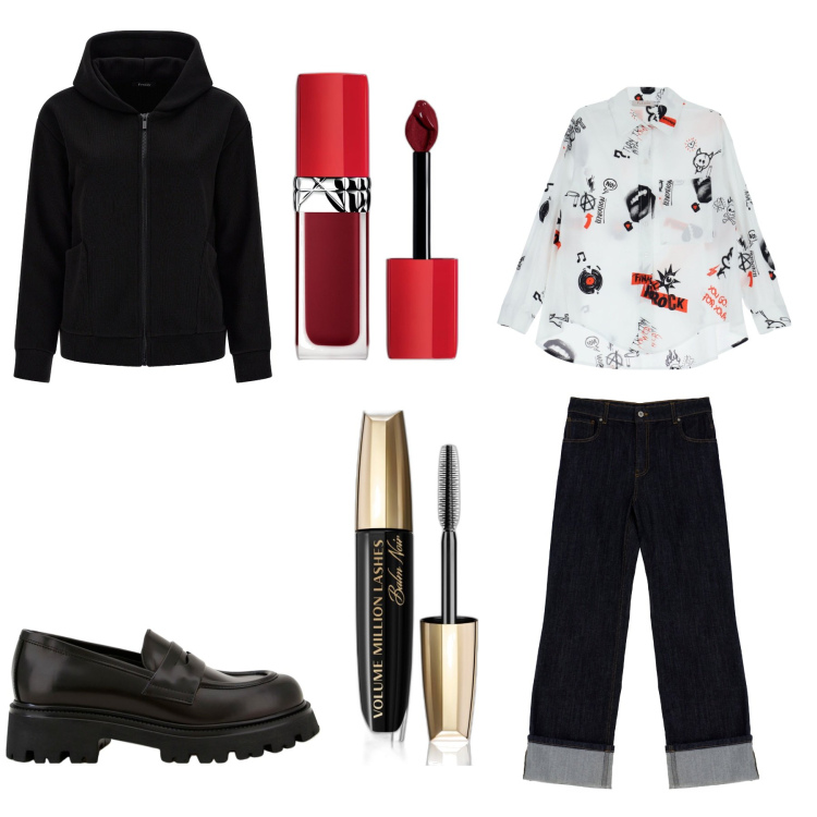 Outfit donna - Serata al pub. Stile Casual per Serata fuori. Abbinamento con mascara, rossetti, camicie, felpe con cappuccio, jeans, mocassini.