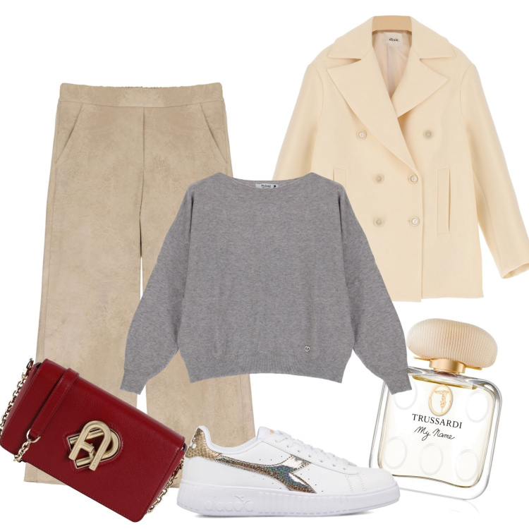 Outfit donna - Colazione con le amiche. Stile Trendy per Tutti i giorni. Abbinamento con borse a tracolla, profumi, felpe, cappotti, pantaloni, sneakers.