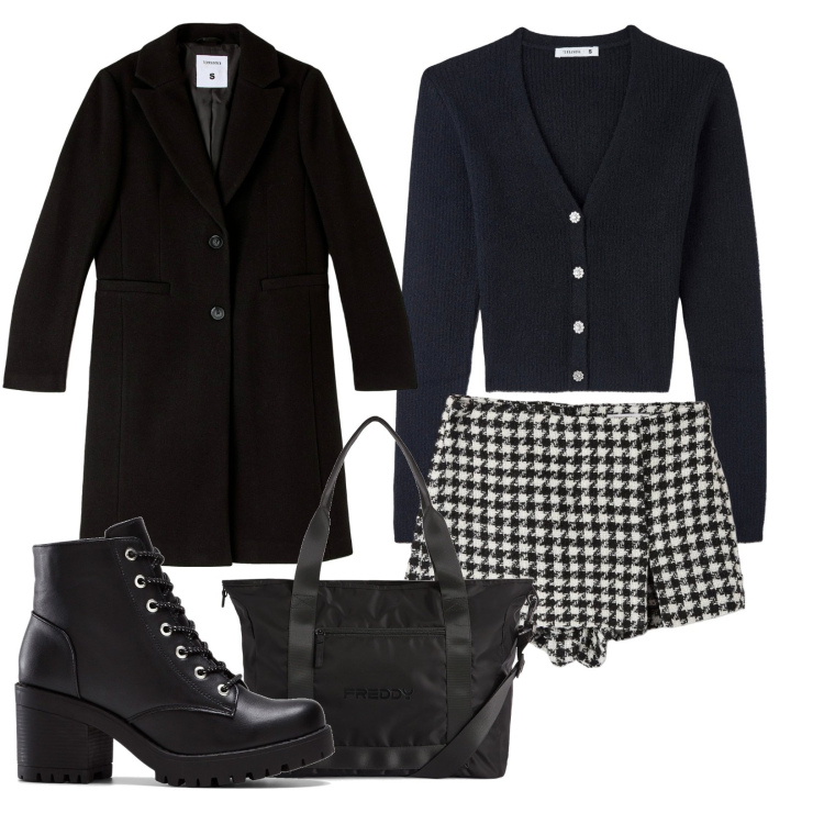 Outfit donna - Gonna a pantaloncini. Stile Casual chic per Tutti i giorni. Abbinamento con stivaletti, gonne, cappotti, cardigans, borse tote.