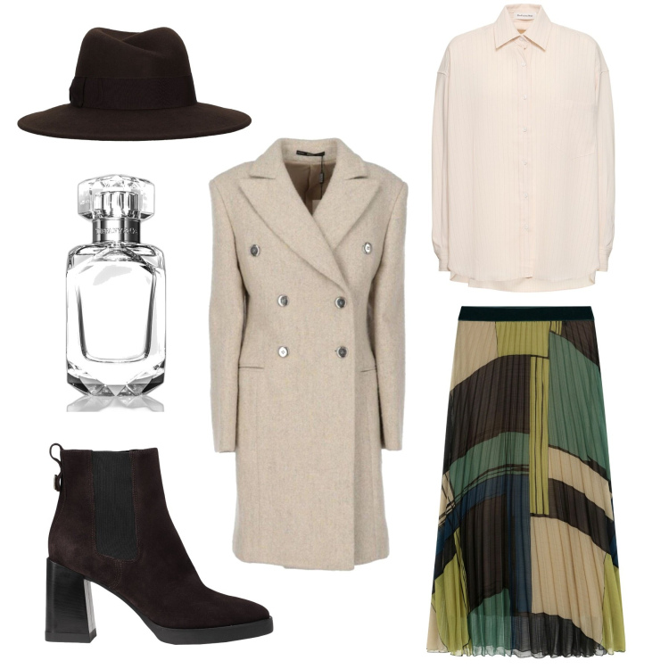 Outfit donna - Corsa in ufficio. Stile Casual per Ufficio. Abbinamento con stivaletti, cappotti, profumi, gonne longuette, camicie, cappelli.