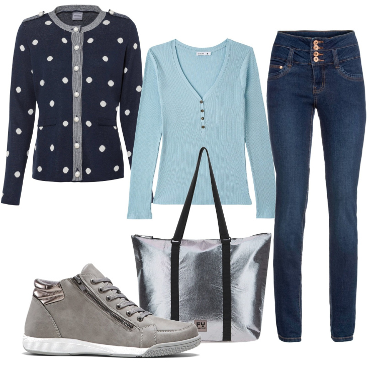 Outfit donna - Casual tutti i giorni. Stile Casual per Tutti i giorni. Abbinamento con sneakers alte, jeans, cardigans, maglieria, borse tote.