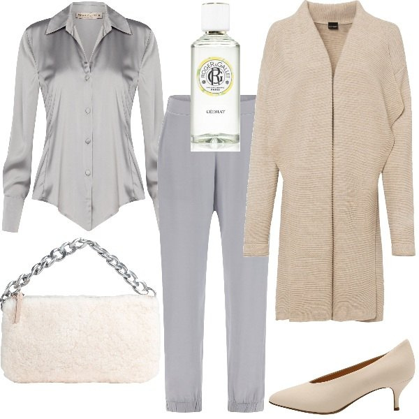 Outfit donna - Beige e grigio minimal. Stile Minimal per Tutti i giorni. Abbinamento con décolleté, borse a mano, cardigans, profumi, pantaloni, camicie.