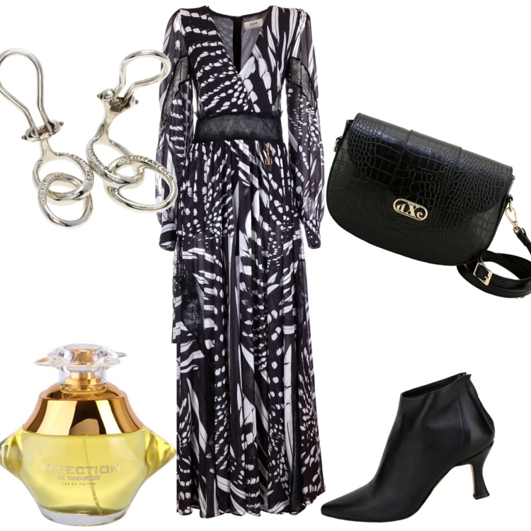 Outfit donna - Total look #1726518. Stile Glamour per Serata fuori. Abbinamento con orecchini, profumi, vestiti lunghi, stivaletti, pochette.