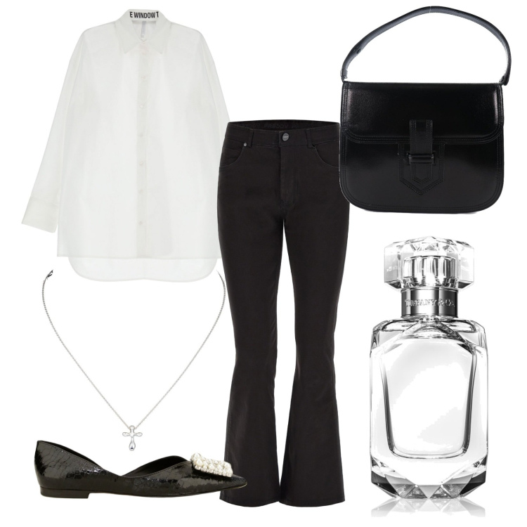 Outfit donna - Minimal chic. Stile Minimal per Tutti i giorni. Abbinamento con borse a mano, collane, profumi, camicie, pantaloni skinny, ballerine.