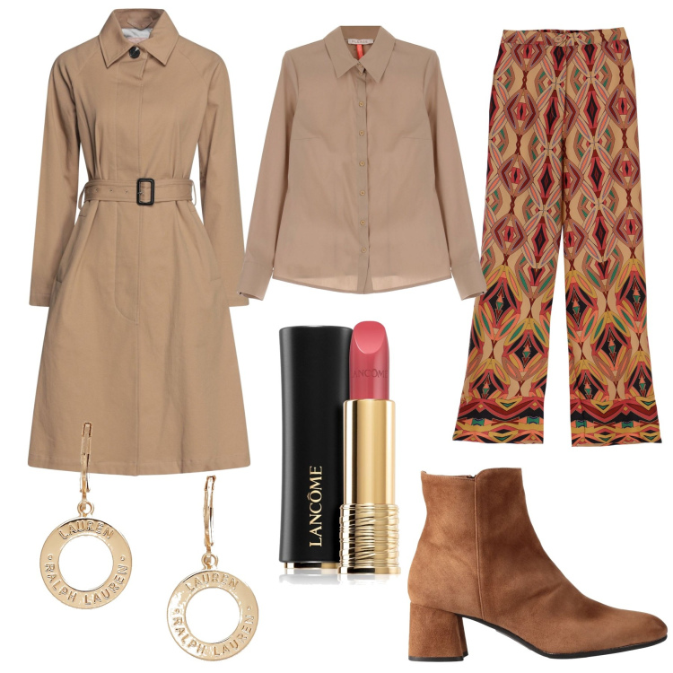 Outfit donna - Con i pantaloni fantasia. Stile Etnico per Ufficio. Abbinamento con cappotti, stivaletti, rossetti, camicie, orecchini, pantaloni a palazzo.