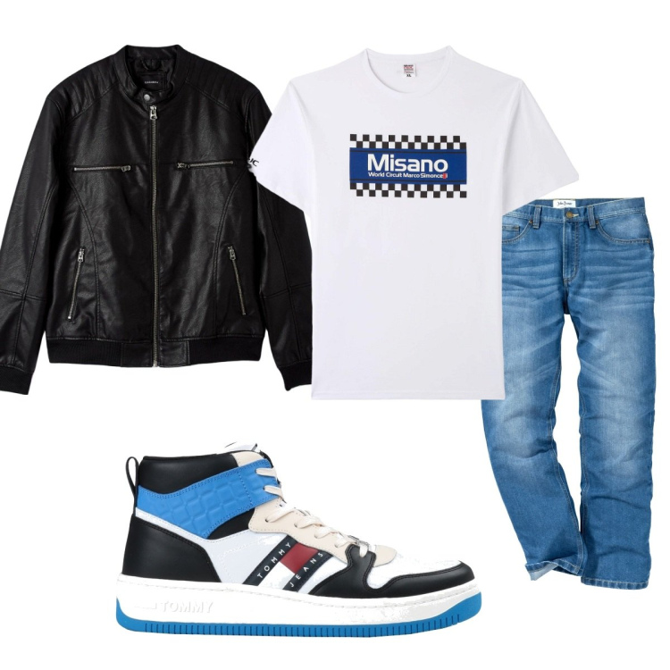 Outfit uomo - Total look #1726552. Stile Trendy per Tutti i giorni. Abbinamento con jeans dritti, sneakers alte, t-shirt, cappotti.