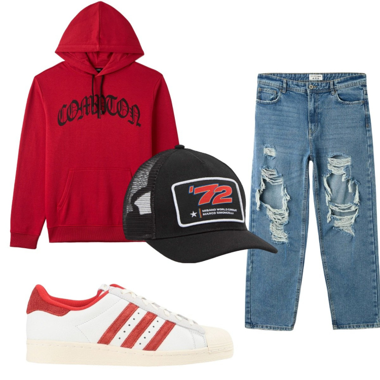 Outfit uomo - Total look #1726556. Stile Casual per Tutti i giorni. Abbinamento con sneakers, cappelli, felpe con cappuccio, jeans strappati.