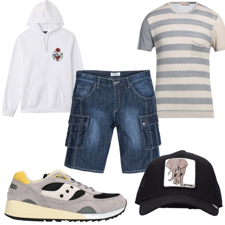 Outfit uomo - Total look #1726565. Stile Trendy per Tutti i giorni. Abbinamento con bermuda, sneakers, pullovers, felpe con cappuccio, cappelli.