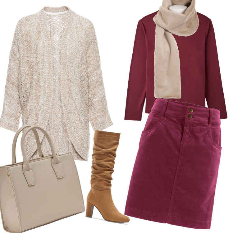 Outfit donna - Un caffè con una vecchia amica. Stile Basic per Tutti i giorni. Abbinamento con gonne lunghe, cardigans, stivali, t-shirt, shopping bag, foulard.