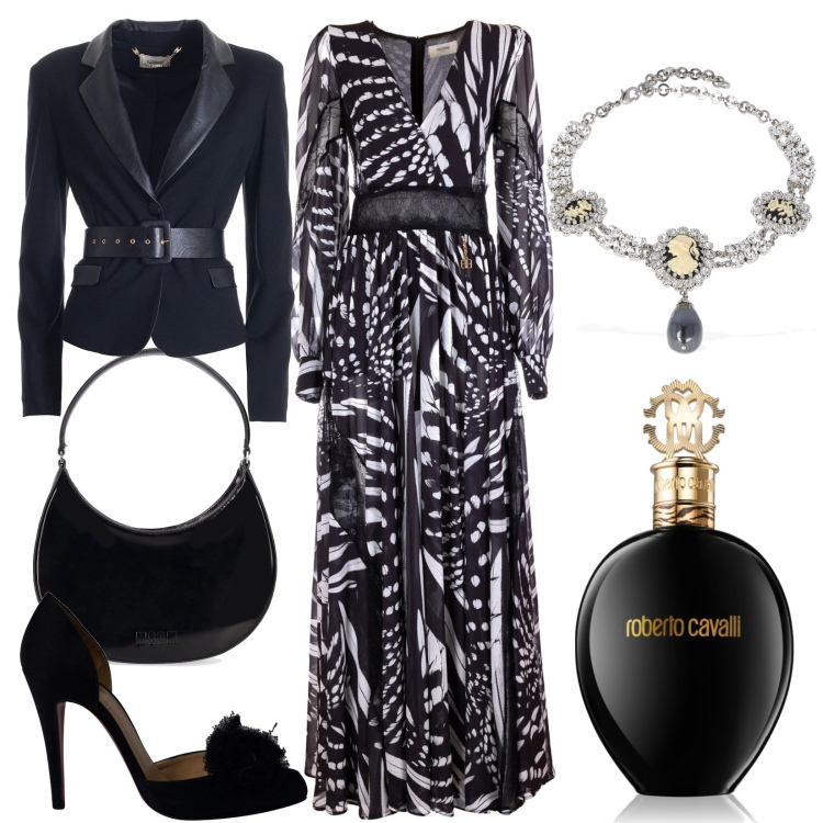 Outfit donna - In lungo per un ricevimento. Stile Glamour per Cerimonia. Abbinamento con décolleté, profumi, vestiti lunghi, blazer, collane, borse a spalla.