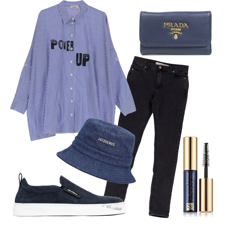 Outfit donna - Power up!. Stile Casual chic per Tutti i giorni. Abbinamento con portafogli, mascara, jeans slim fit, camicie, cappelli, sneakers.