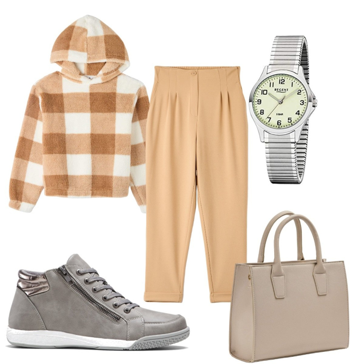 Outfit donna - Total look #1726715. Stile Basic per Scuola/Università. Abbinamento con sneakers alte, shopping bag, felpe con cappuccio, pantaloni chino, orologi.