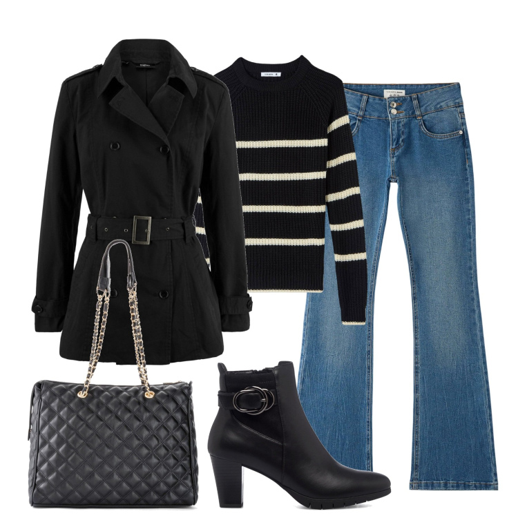 Outfit donna - La stagione del Trench. Stile Casual chic per Tutti i giorni. Abbinamento con trench, shopping bag, jeans a zampa, maglieria, stivaletti.