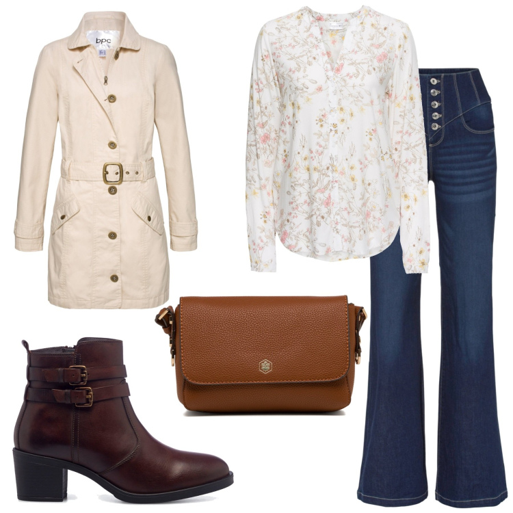 Outfit donna - Total look #1726794. Stile 70s per Tutti i giorni. Abbinamento con camicie, jeans a zampa, trench, stivaletti, borse a tracolla.