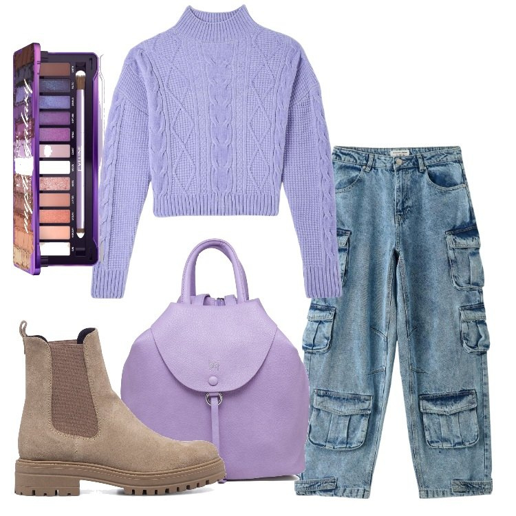 Outfit donna - Il jeans cargo multitasche. Stile Trendy per Scuola/Università. Abbinamento con ombretti, maglieria, jeans, stivaletti, zaini.