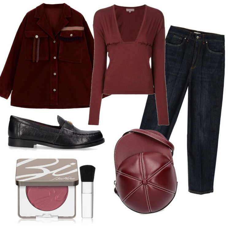 Outfit donna - Total look #1726904. Stile Casual chic per Tutti i giorni. Abbinamento con top, blush, giacche, jeans, mocassini, borse a spalla.