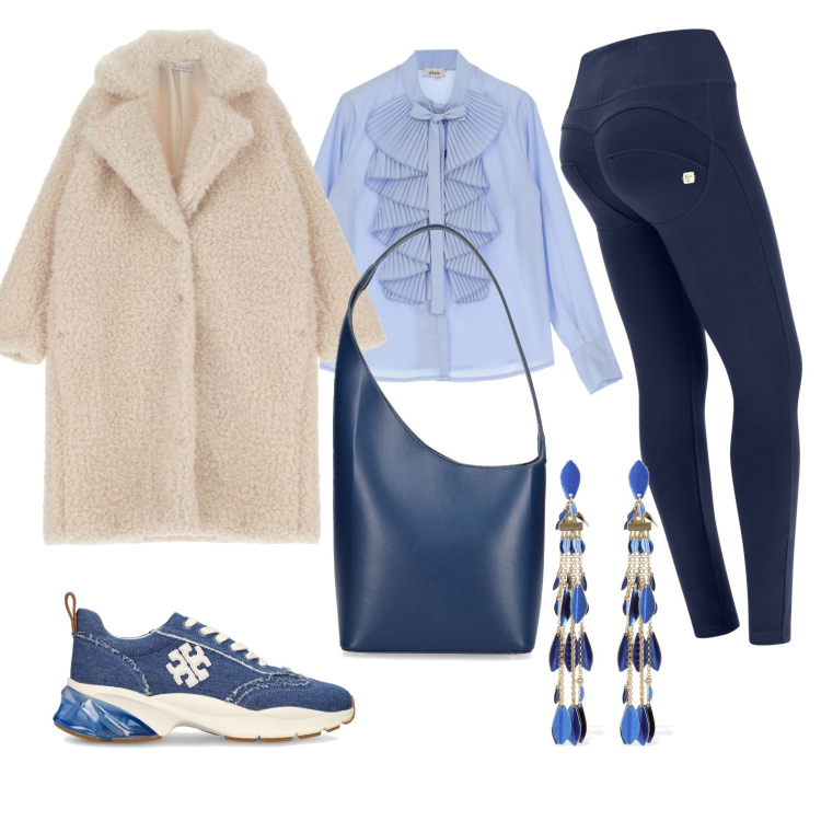 Outfit donna - Total look #1726914. Stile Casual chic per Tutti i giorni. Abbinamento con cappotti, pantaloni skinny, camicie, sneakers, orecchini, borse a spalla.