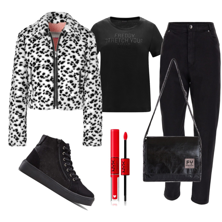 Outfit donna - Total look #1726922. Stile Casual per Tutti i giorni. Abbinamento con sneakers alte, cappotti, rossetti, pantaloni capri, borse a tracolla, t-shirt.