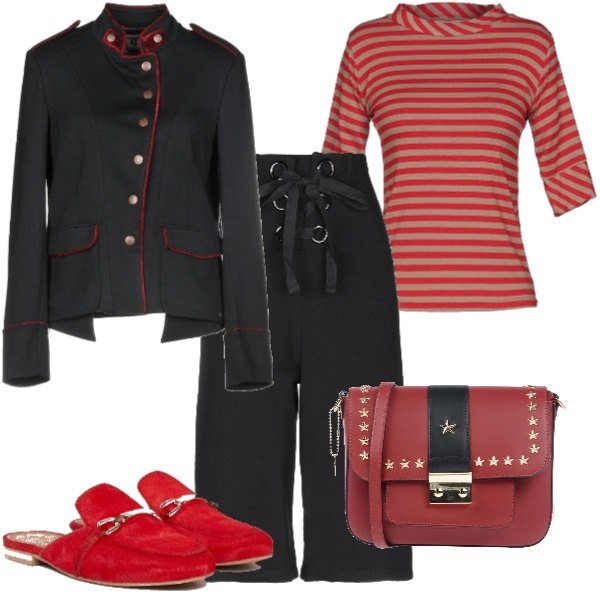 Outfit donna - Le mie scarpe rosse. Stile Basic per Ufficio. Abbinamento con giacca scollatura quadrata a maniche lunghe interno foderato jersey, pantalone capri, top jersey, borsa a tracolla mini con borchie a scatto interno foderato tinta unita, mocassini.